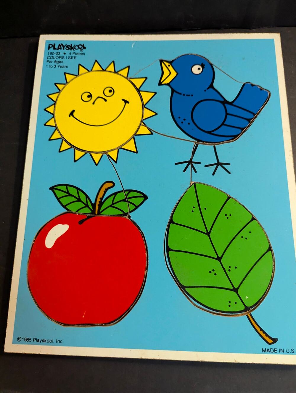 Vintage 1985 Playskool Wood Inlay Tray 1-3 yr old Puzzle Sun Bird Apple Leaf USA
